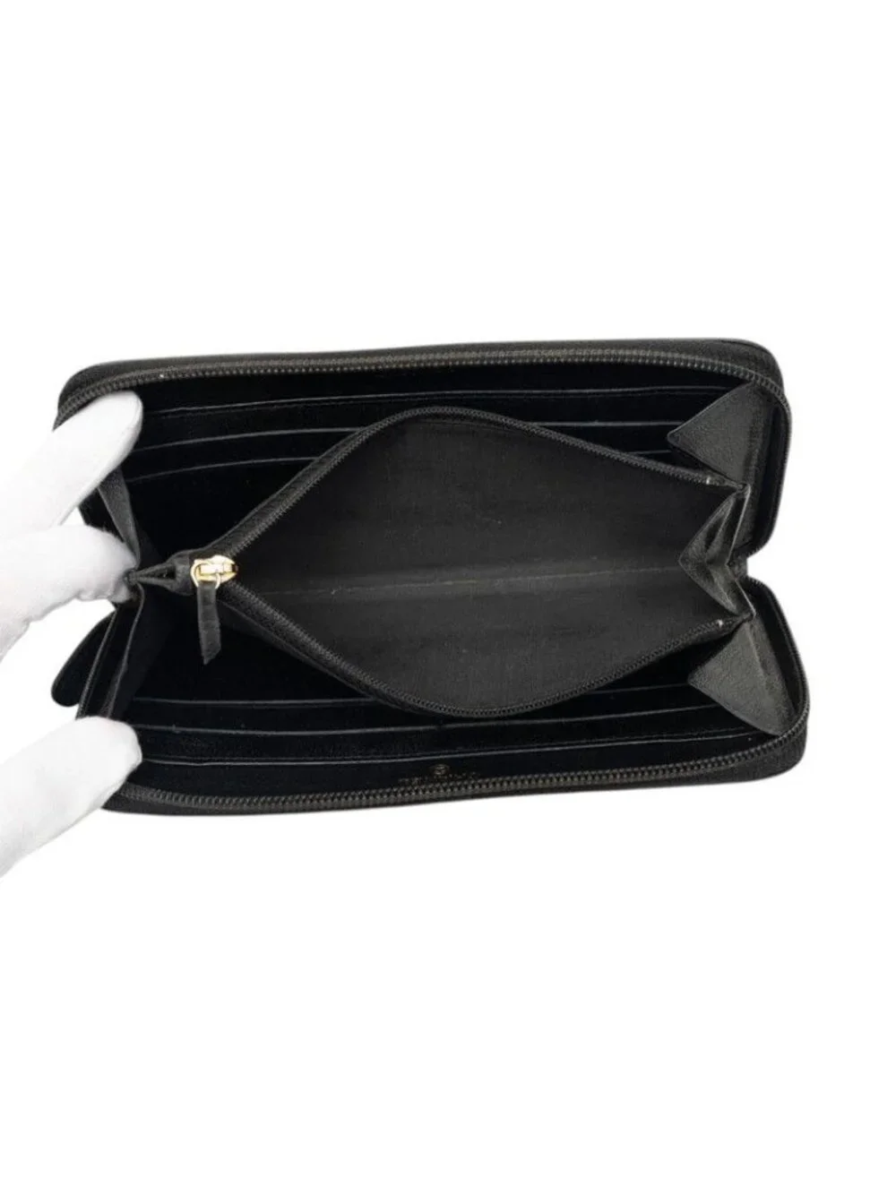 Chanel Camellia CC Logo Zip Around Wallet Black Gold Leather